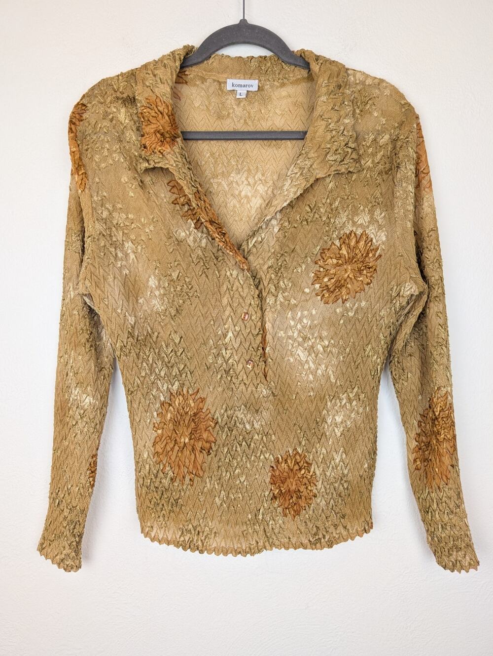 Komarov Top Crinkle Floral Y2K Fairy Grunge Boho Textured Tan Orange Size L